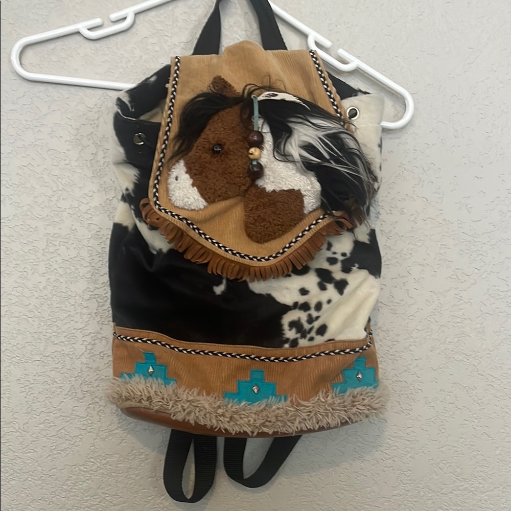 Douglas Cow Print Backpack with Horse Design